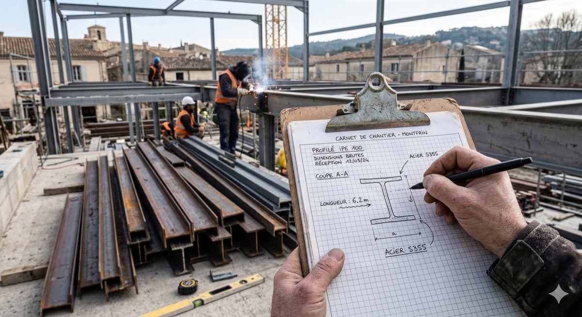 Métallier relevant les cotes d'une charpente acier sur chantier
