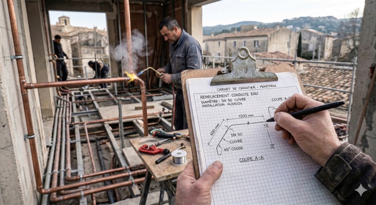 Plombier réalisant un schéma de tuyauterie sur site